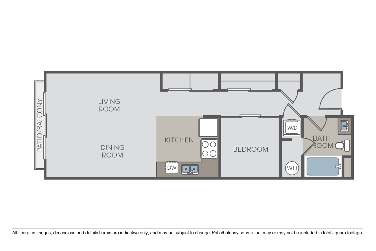 Floor plan for 1 bed, 1 bath, 567 sqft